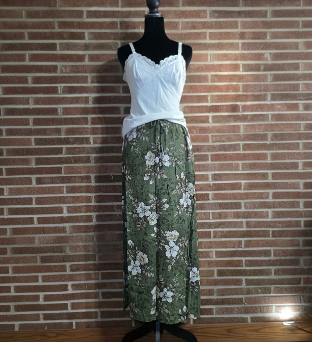 Vintage Kathie Lee Collection Olive Green Floral Maxi Skirt Micro Pleat Boho